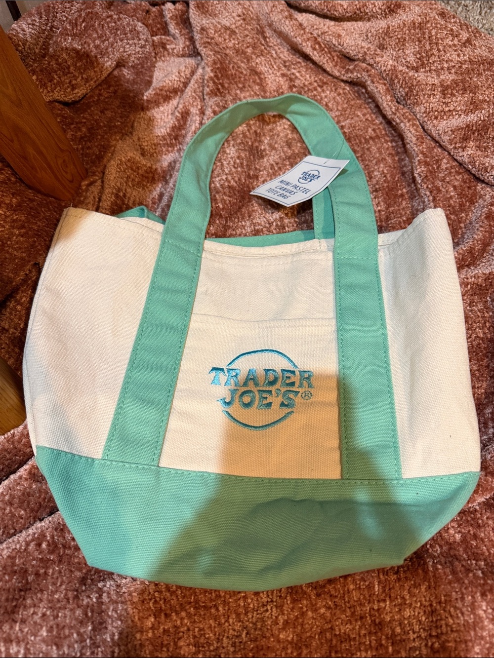 Trader Joe's Mini Mint Green & Cream Canvas Easter Tote NEW